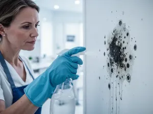 Mężczyzna używa miarki do zmierzenia rozstawu przyłączy białego grzejnika dekoracyjnego w nowoczesnym salonie.