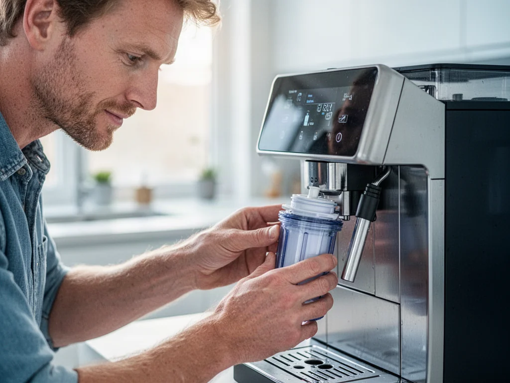 Mężczyzna wymienia filtr wody w nowoczesnym ekspresie do kawy Philips LatteGo w jasnej, minimalistycznej kuchni.